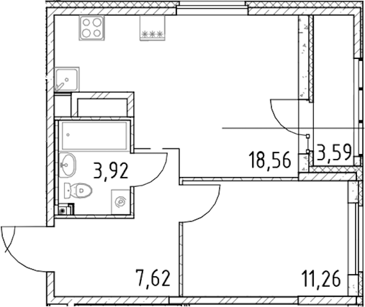1-комнатная квартира 41.36 м², 23/23 эт., ЖК «Город Первых»